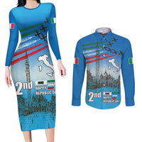 Italy Republic Day Couples Matching Long Sleeve Bodycon Dress and Long Sleeve Button Shirt Festa della Repubblica with Frecce Tricolori