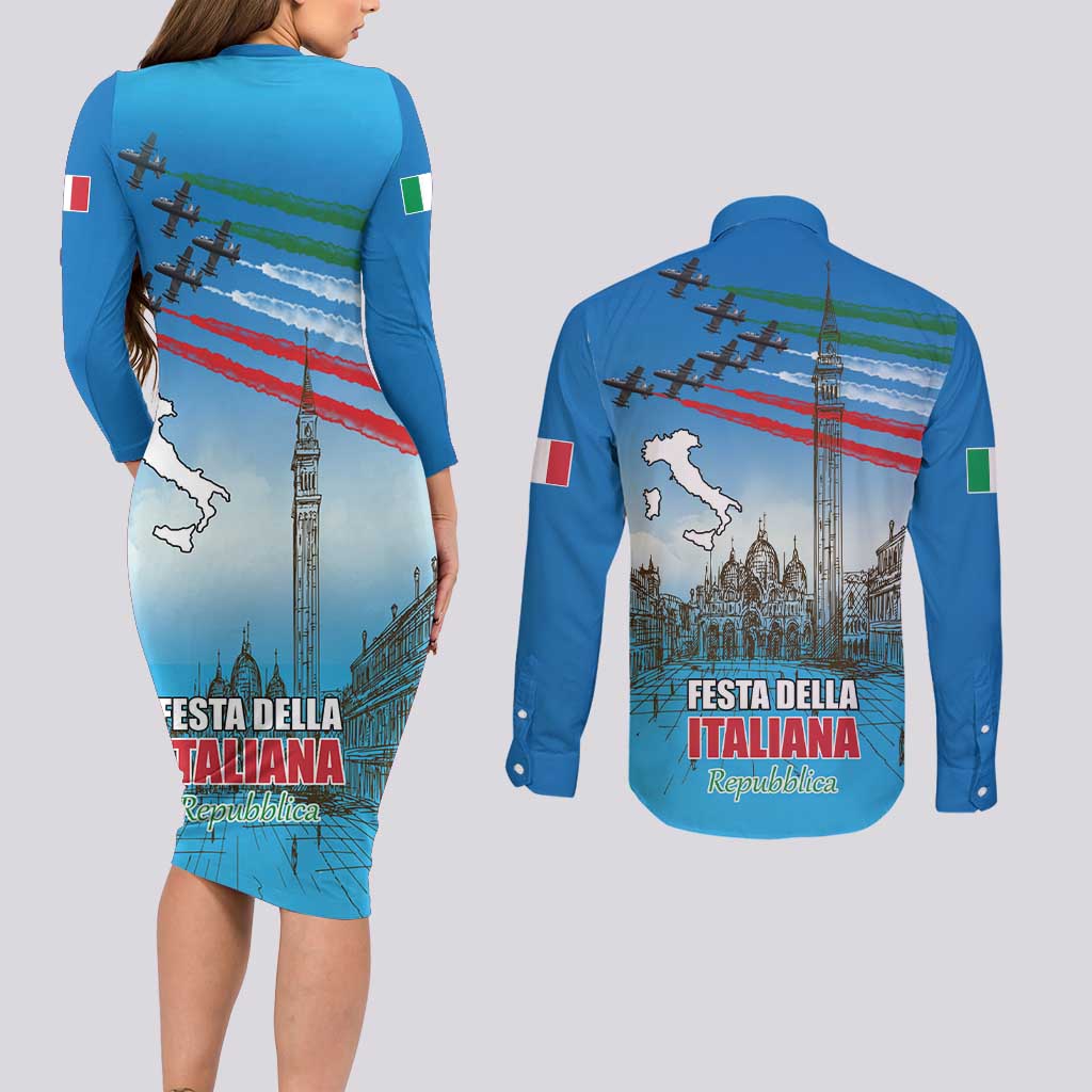 Italy Republic Day Couples Matching Long Sleeve Bodycon Dress and Long Sleeve Button Shirt Festa della Repubblica with Frecce Tricolori