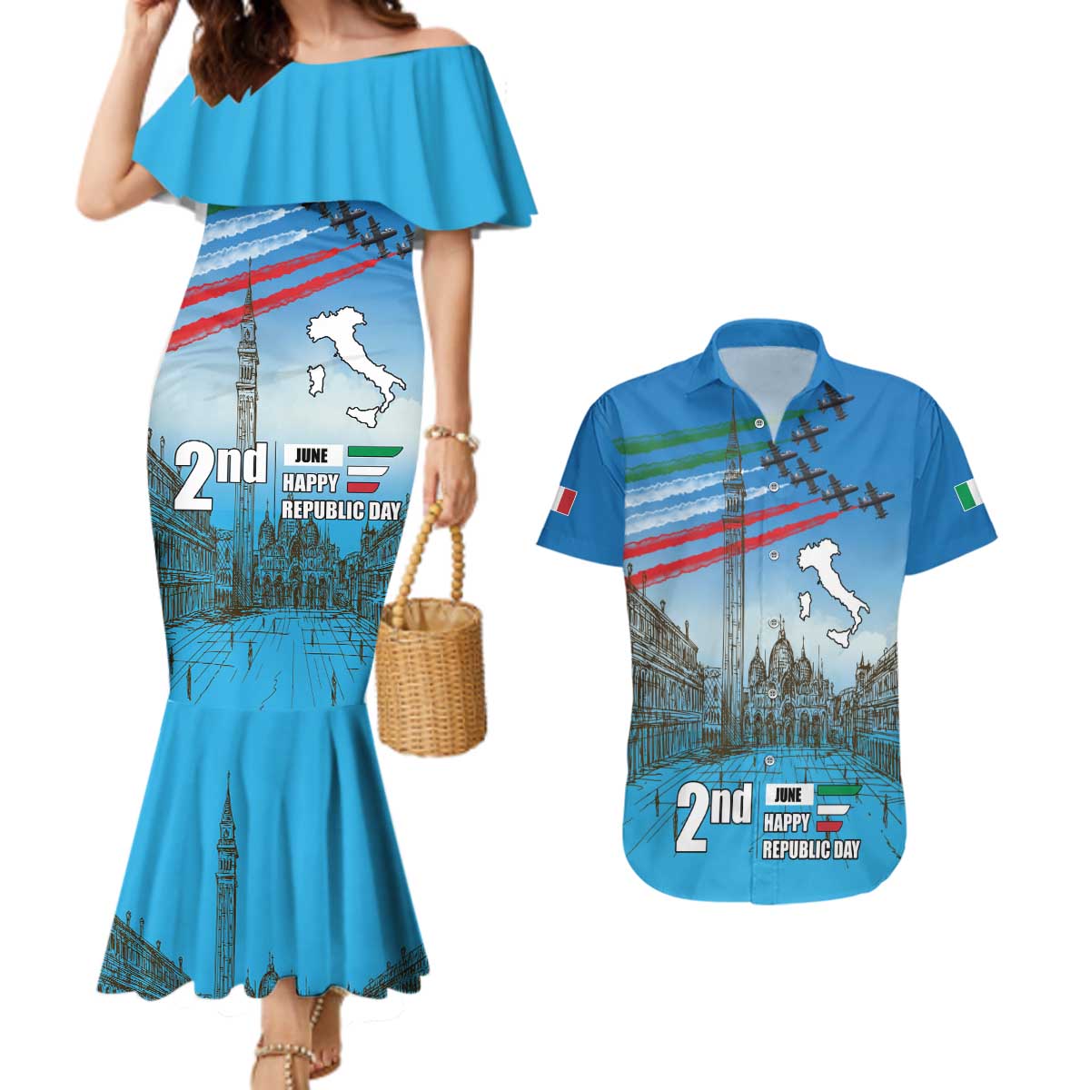 Italy Republic Day Couples Matching Mermaid Dress and Hawaiian Shirt Festa della Repubblica with Frecce Tricolori
