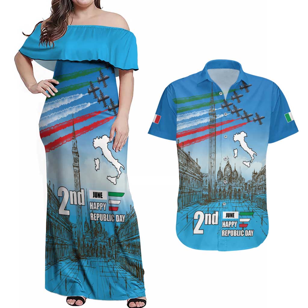 Italy Republic Day Couples Matching Off Shoulder Maxi Dress and Hawaiian Shirt Festa della Repubblica with Frecce Tricolori