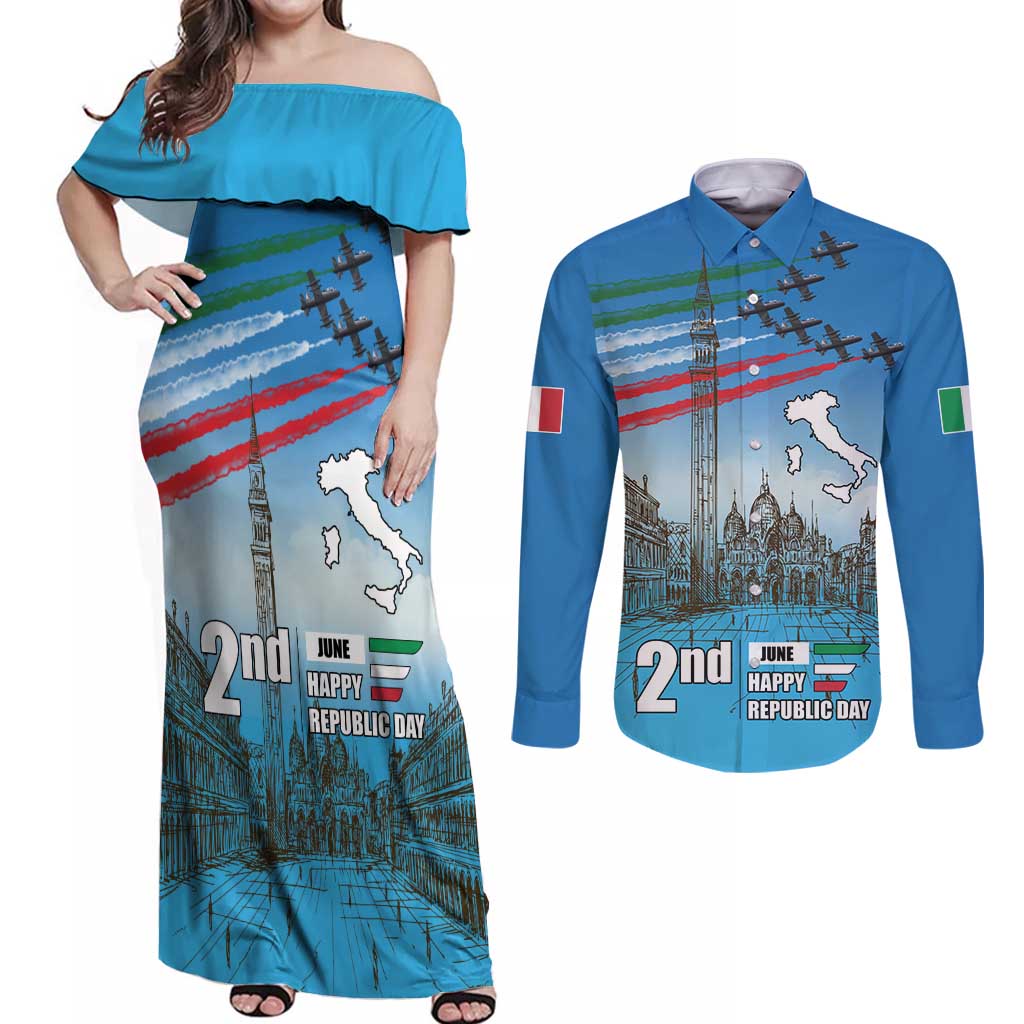 Italy Republic Day Couples Matching Off Shoulder Maxi Dress and Long Sleeve Button Shirt Festa della Repubblica with Frecce Tricolori