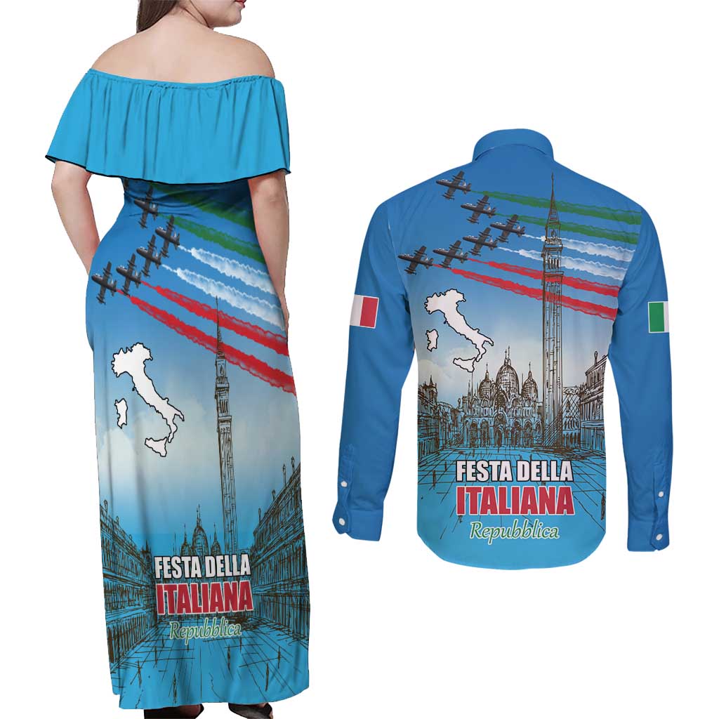 Italy Republic Day Couples Matching Off Shoulder Maxi Dress and Long Sleeve Button Shirt Festa della Repubblica with Frecce Tricolori