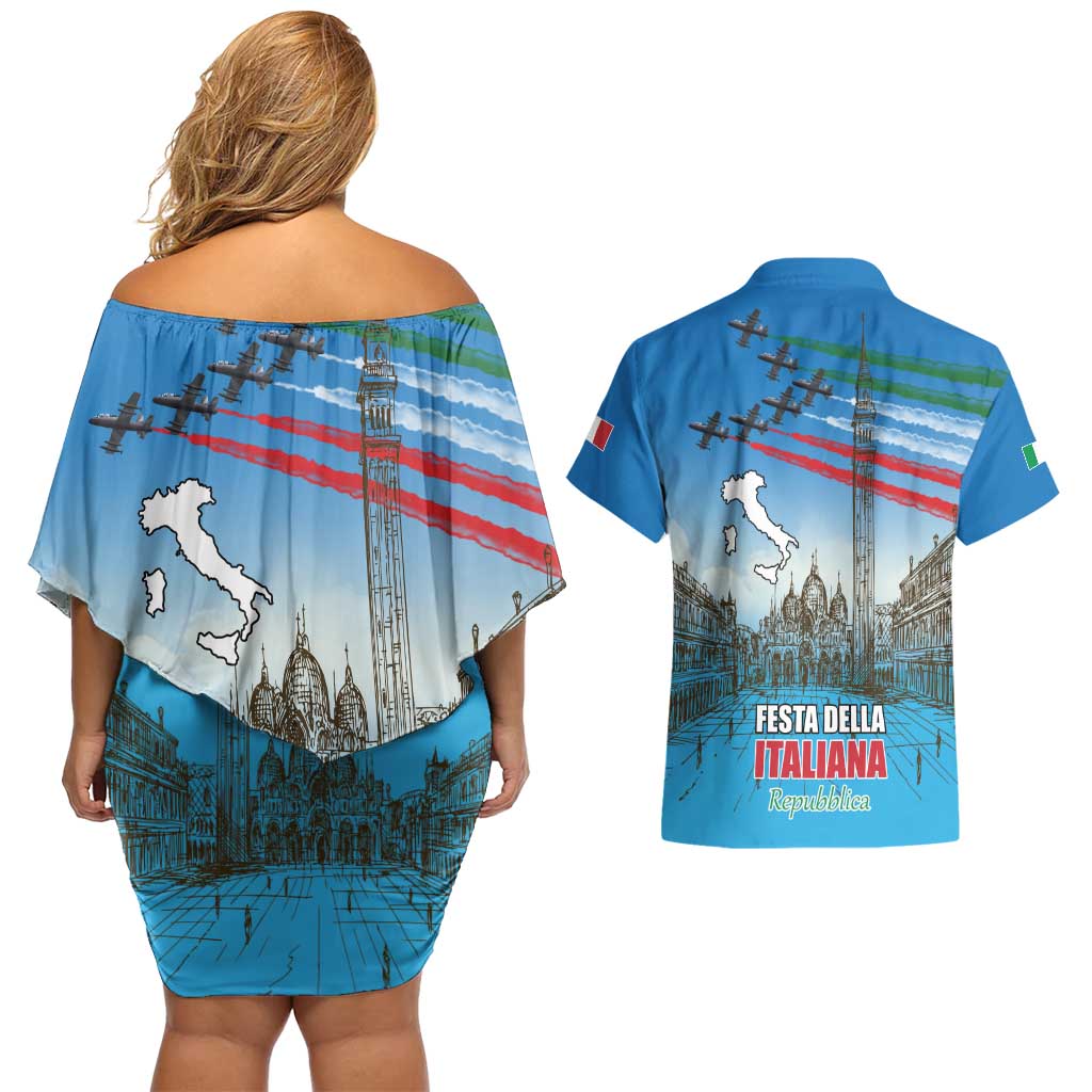 Italy Republic Day Couples Matching Off Shoulder Short Dress and Hawaiian Shirt Festa della Repubblica with Frecce Tricolori