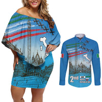 Italy Republic Day Couples Matching Off Shoulder Short Dress and Long Sleeve Button Shirt Festa della Repubblica with Frecce Tricolori