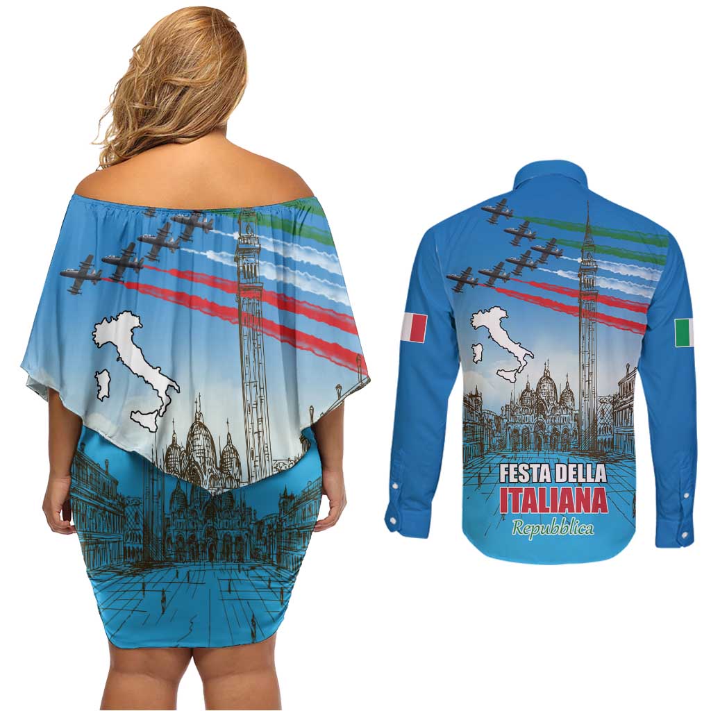 Italy Republic Day Couples Matching Off Shoulder Short Dress and Long Sleeve Button Shirt Festa della Repubblica with Frecce Tricolori
