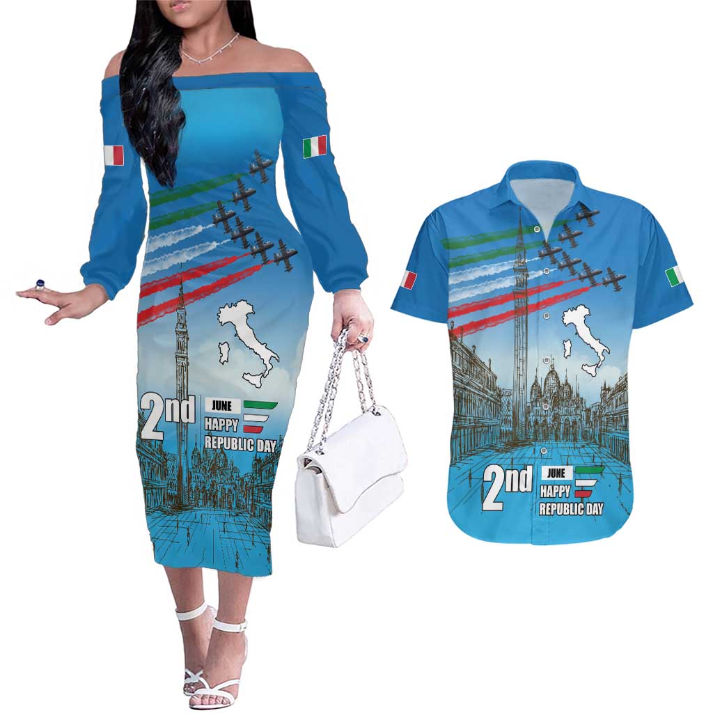 Italy Republic Day Couples Matching Off The Shoulder Long Sleeve Dress and Hawaiian Shirt Festa della Repubblica with Frecce Tricolori