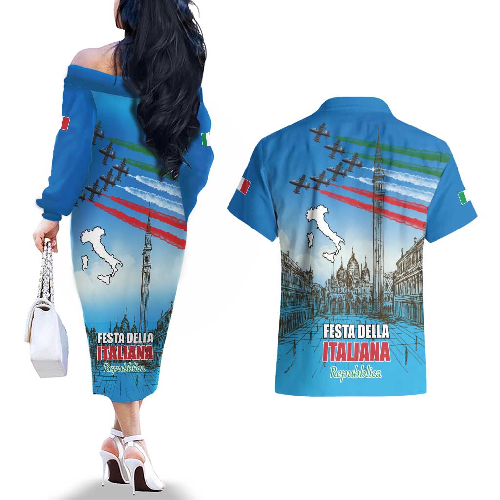 Italy Republic Day Couples Matching Off The Shoulder Long Sleeve Dress and Hawaiian Shirt Festa della Repubblica with Frecce Tricolori