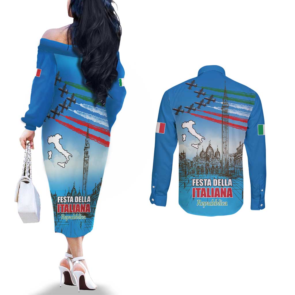 Italy Republic Day Couples Matching Off The Shoulder Long Sleeve Dress and Long Sleeve Button Shirt Festa della Repubblica with Frecce Tricolori
