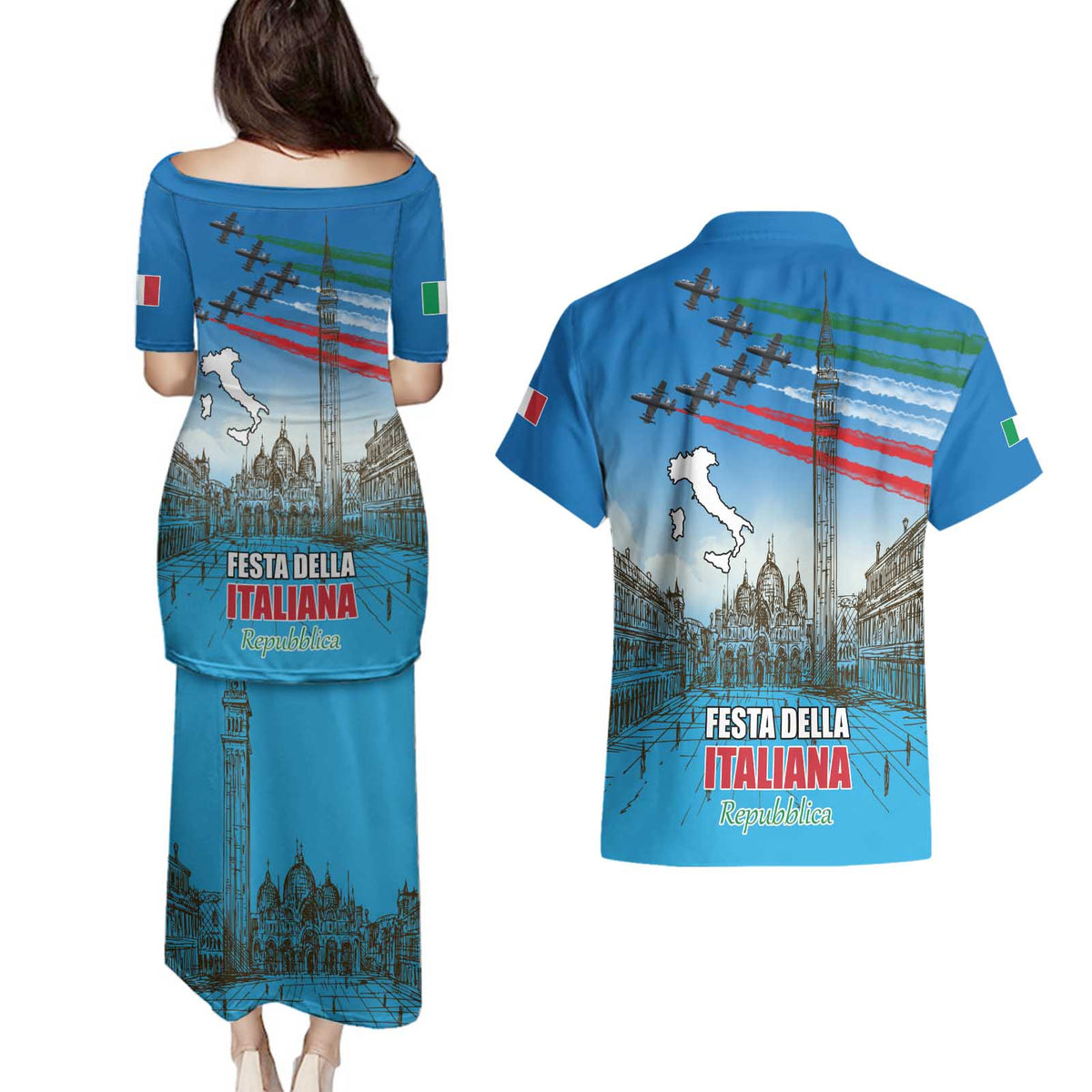 Italy Republic Day Couples Matching Puletasi and Hawaiian Shirt Festa della Repubblica with Frecce Tricolori