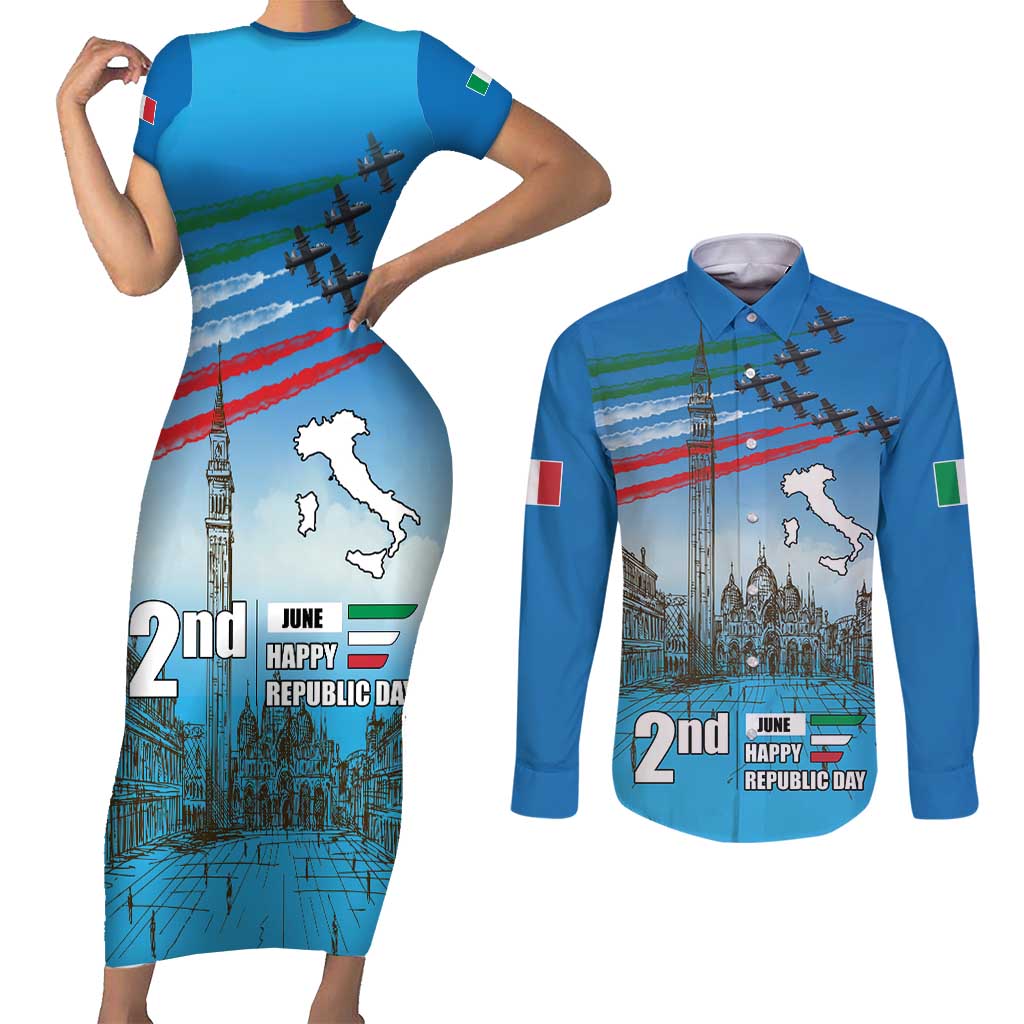 Italy Republic Day Couples Matching Short Sleeve Bodycon Dress and Long Sleeve Button Shirt Festa della Repubblica with Frecce Tricolori