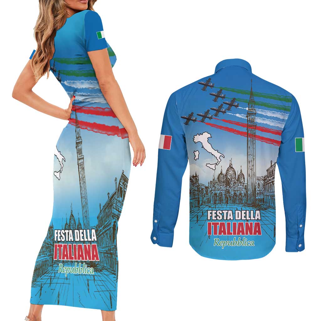 Italy Republic Day Couples Matching Short Sleeve Bodycon Dress and Long Sleeve Button Shirt Festa della Repubblica with Frecce Tricolori