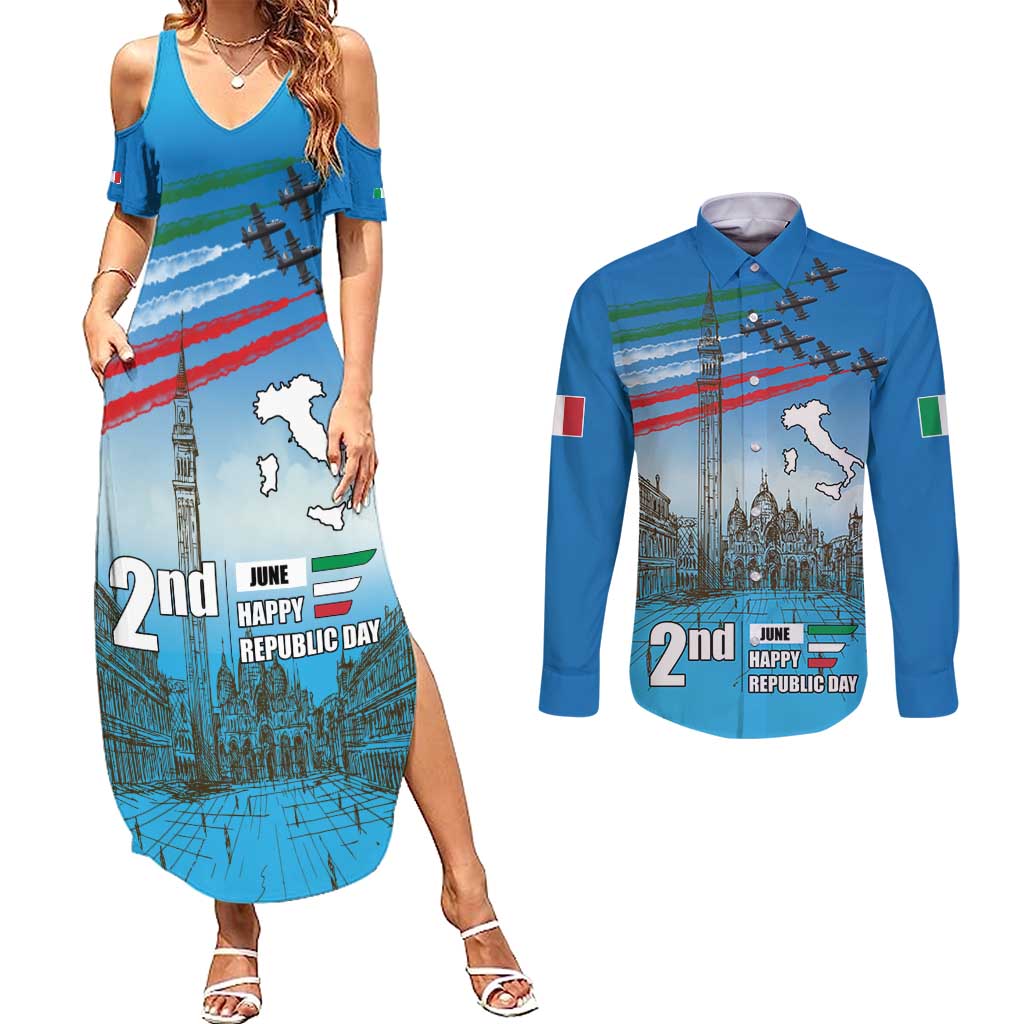 Italy Republic Day Couples Matching Summer Maxi Dress and Long Sleeve Button Shirt Festa della Repubblica with Frecce Tricolori