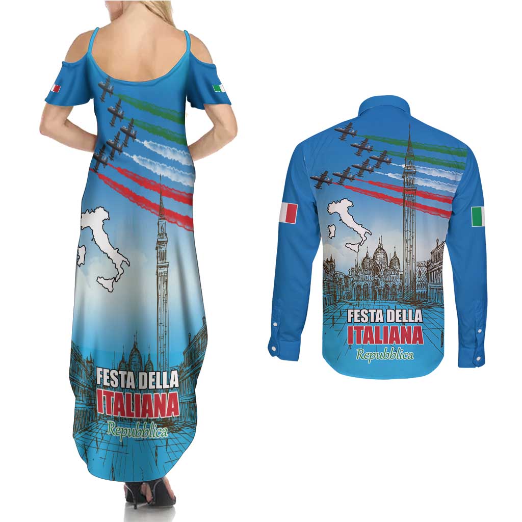 Italy Republic Day Couples Matching Summer Maxi Dress and Long Sleeve Button Shirt Festa della Repubblica with Frecce Tricolori