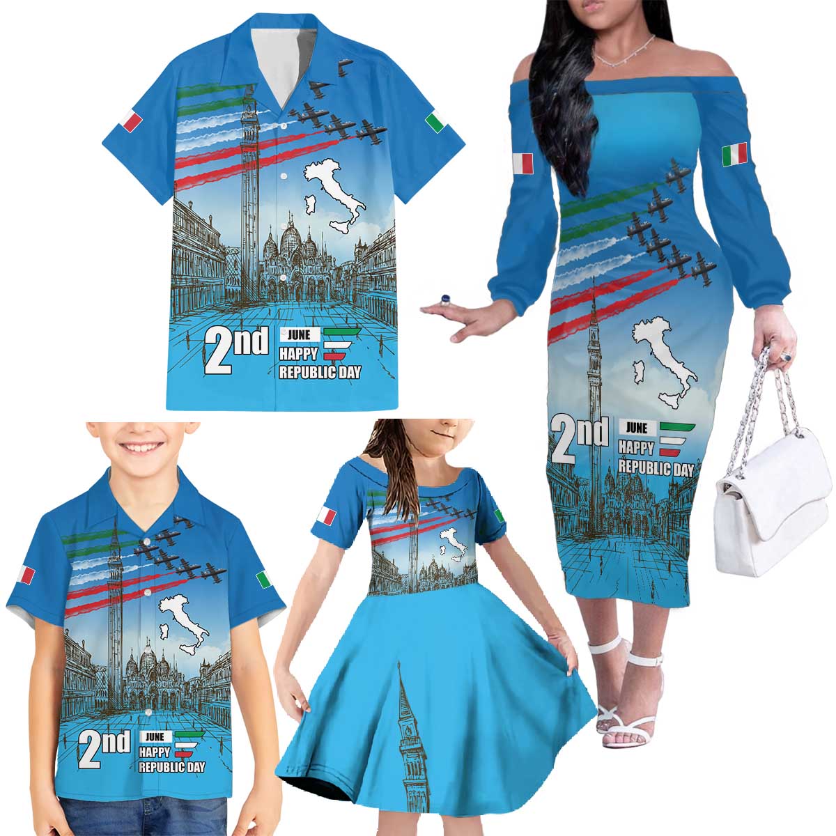 Italy Republic Day Family Matching Off The Shoulder Long Sleeve Dress and Hawaiian Shirt Festa della Repubblica with Frecce Tricolori