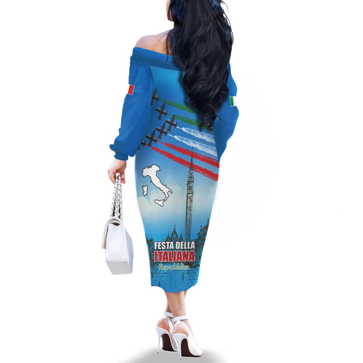 Italy Republic Day Family Matching Off The Shoulder Long Sleeve Dress and Hawaiian Shirt Festa della Repubblica with Frecce Tricolori