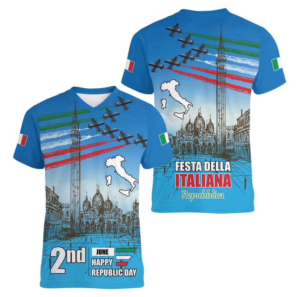 Italy Republic Day Women V-Neck T-Shirt Festa della Repubblica with Frecce Tricolori
