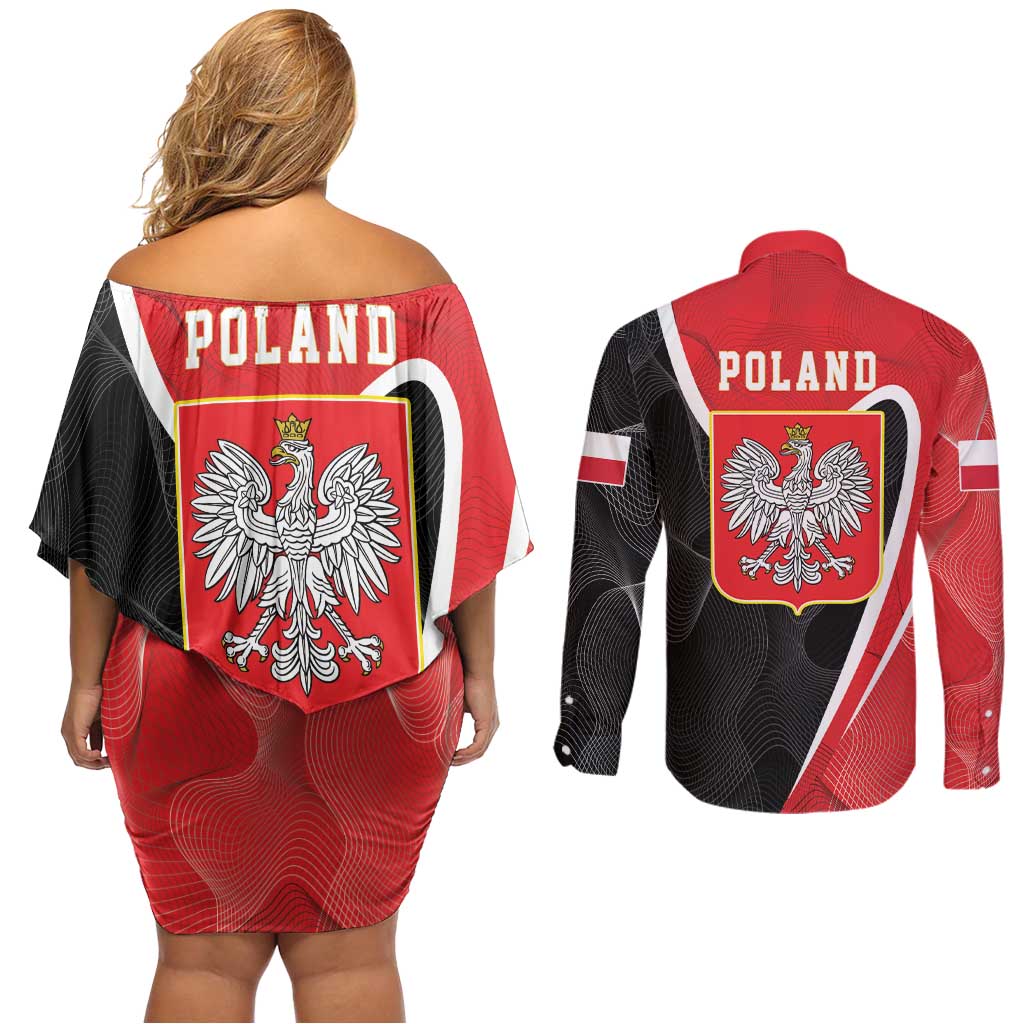 Poland White Crowned Eagle Couples Matching Off Shoulder Short Dress and Long Sleeve Button Shirt Rzeczpospolita Polska