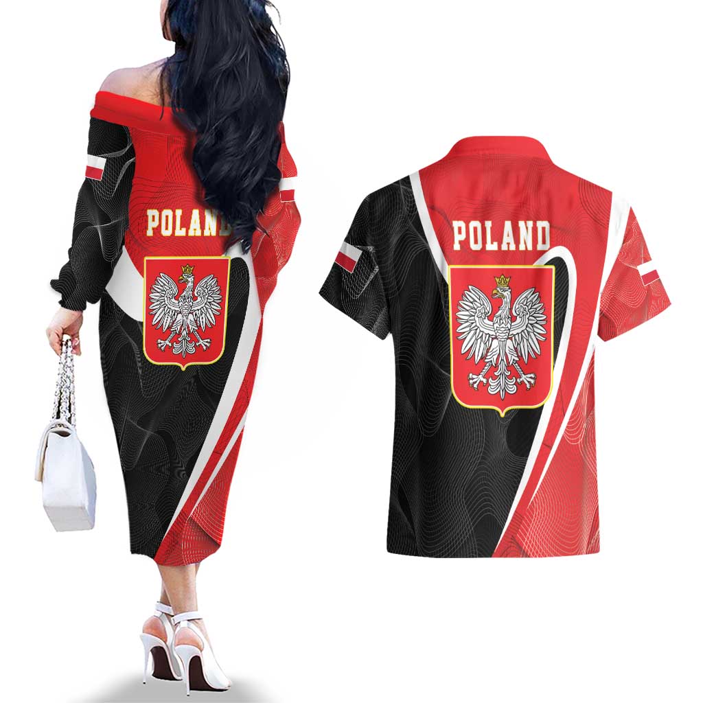 Poland White Crowned Eagle Couples Matching Off The Shoulder Long Sleeve Dress and Hawaiian Shirt Rzeczpospolita Polska