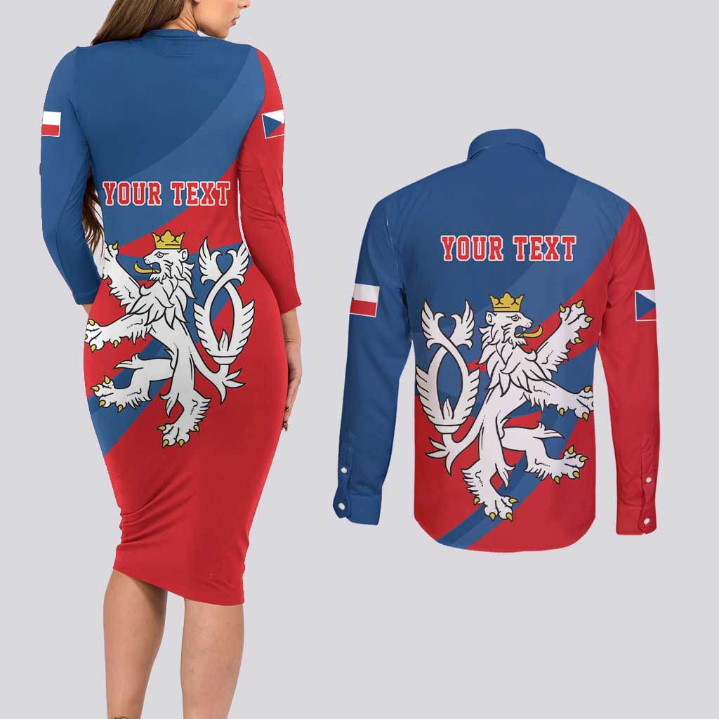 Personalized Czech Republic Coat of Arms Couples Matching Long Sleeve Bodycon Dress and Long Sleeve Button Shirt Statni Znak Ceske Republiky - Silver Double-tailed Lion