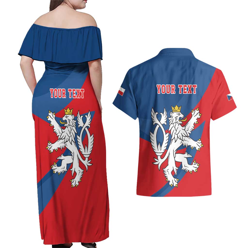 Personalized Czech Republic Coat of Arms Couples Matching Off Shoulder Maxi Dress and Hawaiian Shirt Statni Znak Ceske Republiky - Silver Double-tailed Lion