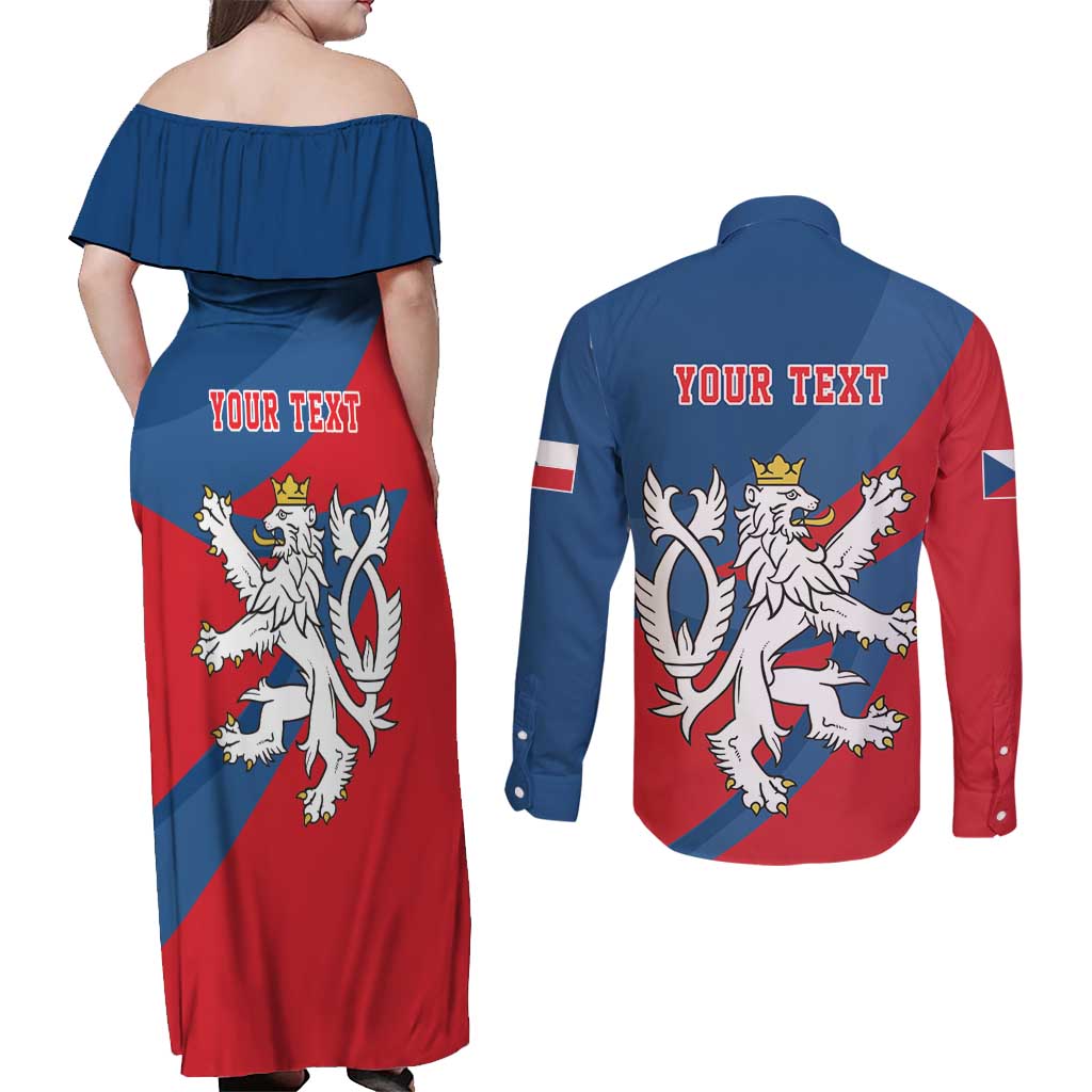 Personalized Czech Republic Coat of Arms Couples Matching Off Shoulder Maxi Dress and Long Sleeve Button Shirt Statni Znak Ceske Republiky - Silver Double-tailed Lion