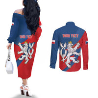 Personalized Czech Republic Coat of Arms Couples Matching Off The Shoulder Long Sleeve Dress and Long Sleeve Button Shirt Statni Znak Ceske Republiky - Silver Double-tailed Lion