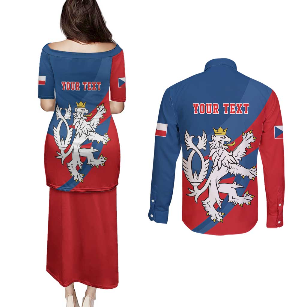 Personalized Czech Republic Coat of Arms Couples Matching Puletasi and Long Sleeve Button Shirt Statni Znak Ceske Republiky - Silver Double-tailed Lion