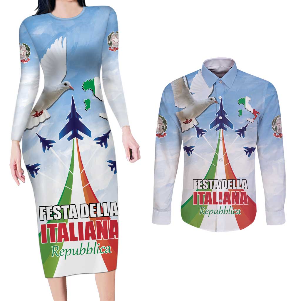 Italy Festa della Repubblica Couples Matching Long Sleeve Bodycon Dress and Long Sleeve Button Shirt Frecce Tricolori with Dove