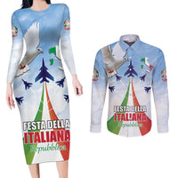 Italy Festa della Repubblica Couples Matching Long Sleeve Bodycon Dress and Long Sleeve Button Shirt Frecce Tricolori with Dove