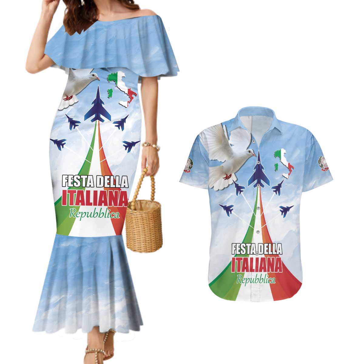 Italy Festa della Repubblica Couples Matching Mermaid Dress and Hawaiian Shirt Frecce Tricolori with Dove