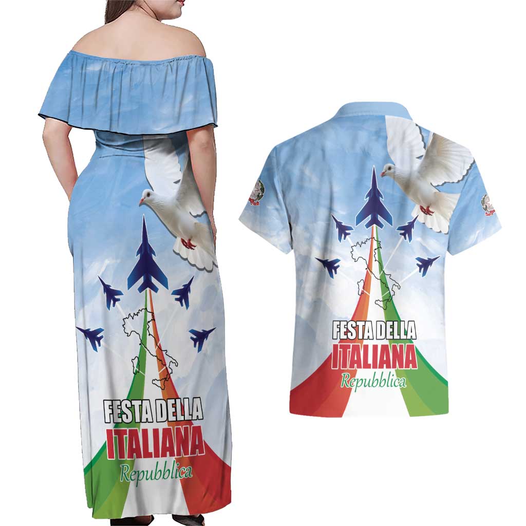 Italy Festa della Repubblica Couples Matching Off Shoulder Maxi Dress and Hawaiian Shirt Frecce Tricolori with Dove