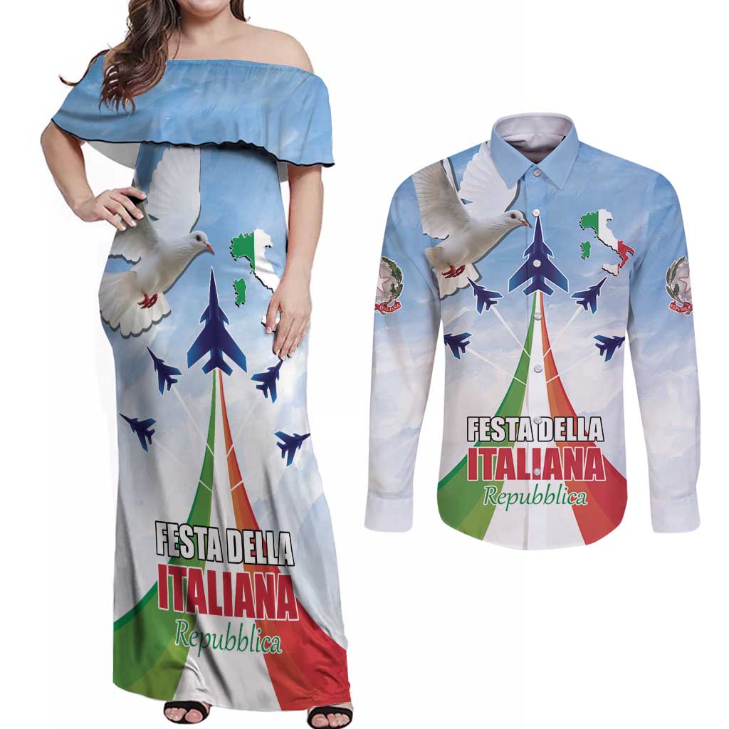 Italy Festa della Repubblica Couples Matching Off Shoulder Maxi Dress and Long Sleeve Button Shirt Frecce Tricolori with Dove