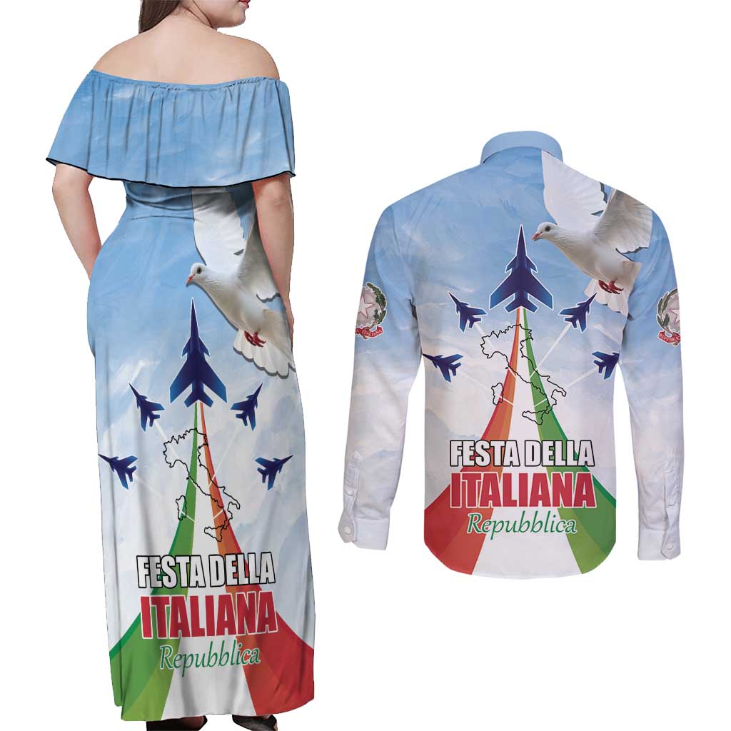 Italy Festa della Repubblica Couples Matching Off Shoulder Maxi Dress and Long Sleeve Button Shirt Frecce Tricolori with Dove