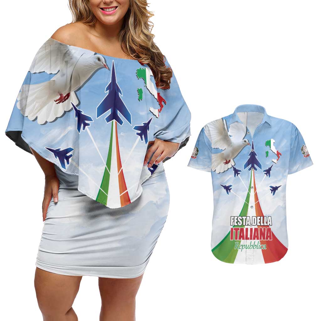 Italy Festa della Repubblica Couples Matching Off Shoulder Short Dress and Hawaiian Shirt Frecce Tricolori with Dove