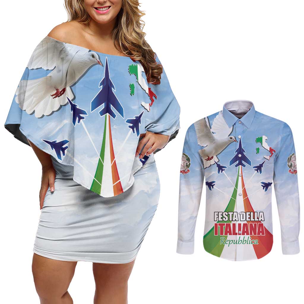 Italy Festa della Repubblica Couples Matching Off Shoulder Short Dress and Long Sleeve Button Shirt Frecce Tricolori with Dove