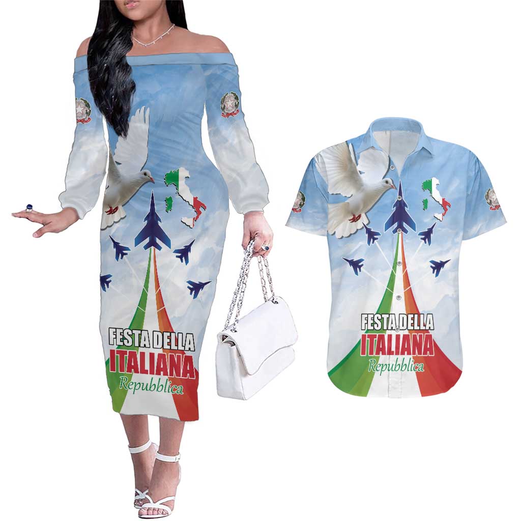 Italy Festa della Repubblica Couples Matching Off The Shoulder Long Sleeve Dress and Hawaiian Shirt Frecce Tricolori with Dove