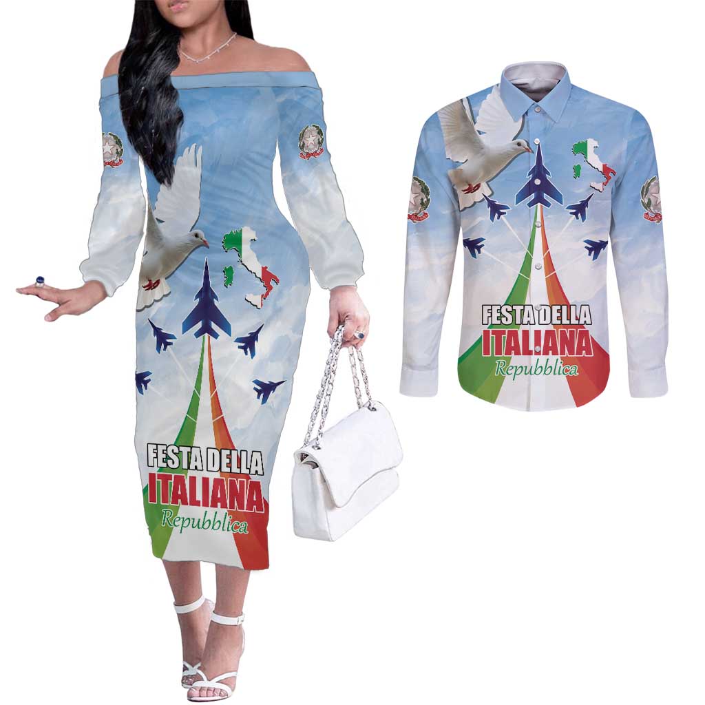 Italy Festa della Repubblica Couples Matching Off The Shoulder Long Sleeve Dress and Long Sleeve Button Shirt Frecce Tricolori with Dove