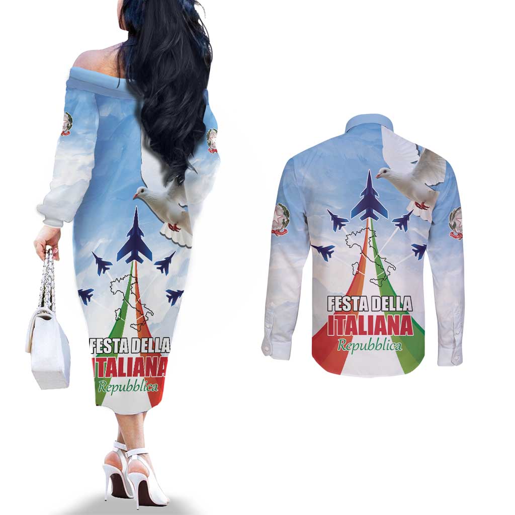 Italy Festa della Repubblica Couples Matching Off The Shoulder Long Sleeve Dress and Long Sleeve Button Shirt Frecce Tricolori with Dove