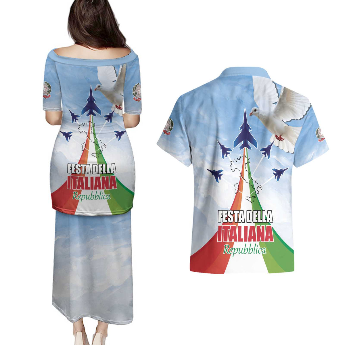 Italy Festa della Repubblica Couples Matching Puletasi and Hawaiian Shirt Frecce Tricolori with Dove