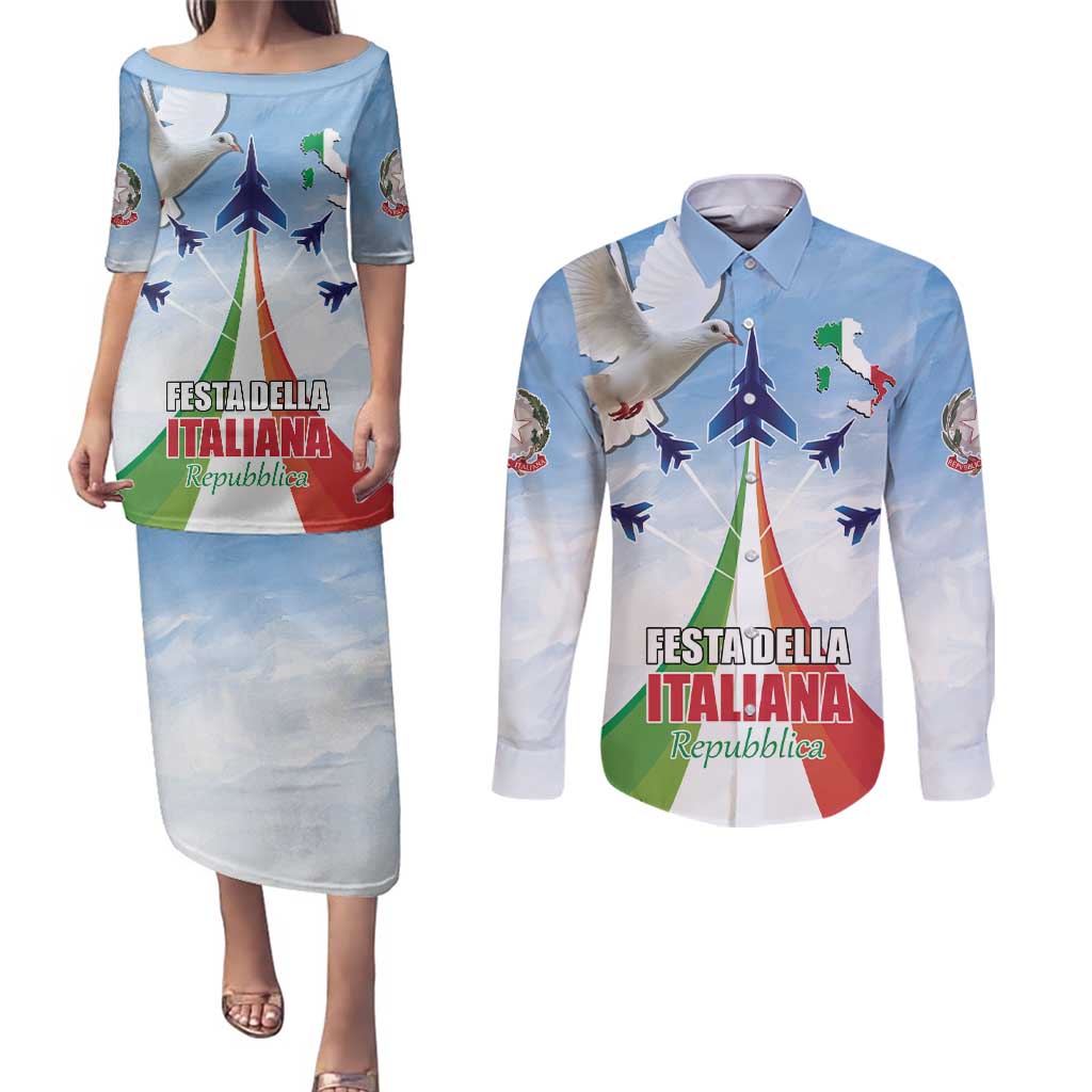 Italy Festa della Repubblica Couples Matching Puletasi and Long Sleeve Button Shirt Frecce Tricolori with Dove