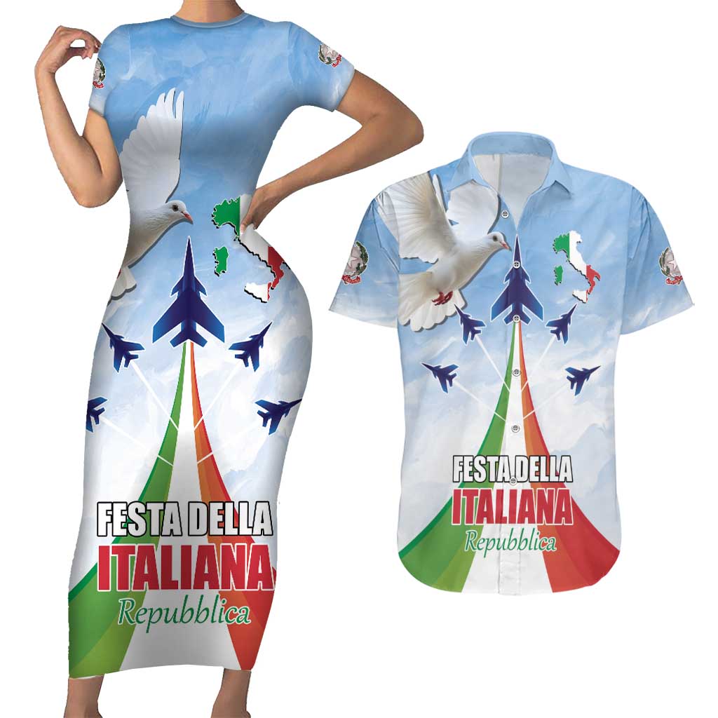 Italy Festa della Repubblica Couples Matching Short Sleeve Bodycon Dress and Hawaiian Shirt Frecce Tricolori with Dove