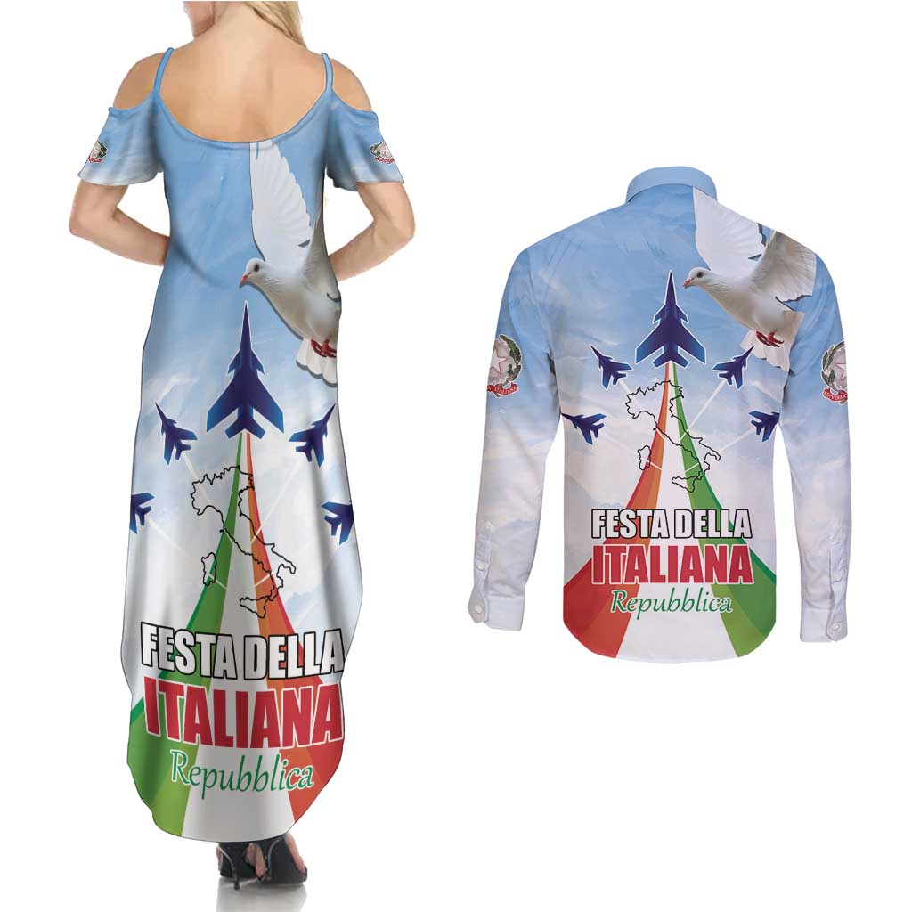 Italy Festa della Repubblica Couples Matching Summer Maxi Dress and Long Sleeve Button Shirt Frecce Tricolori with Dove