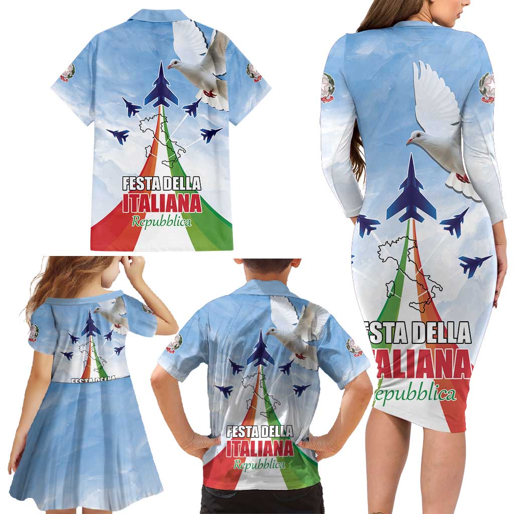Italy Festa della Repubblica Family Matching Long Sleeve Bodycon Dress and Hawaiian Shirt Frecce Tricolori with Dove