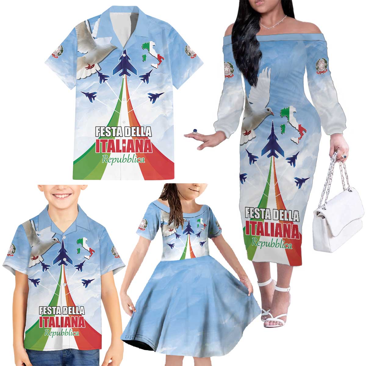 Italy Festa della Repubblica Family Matching Off The Shoulder Long Sleeve Dress and Hawaiian Shirt Frecce Tricolori with Dove