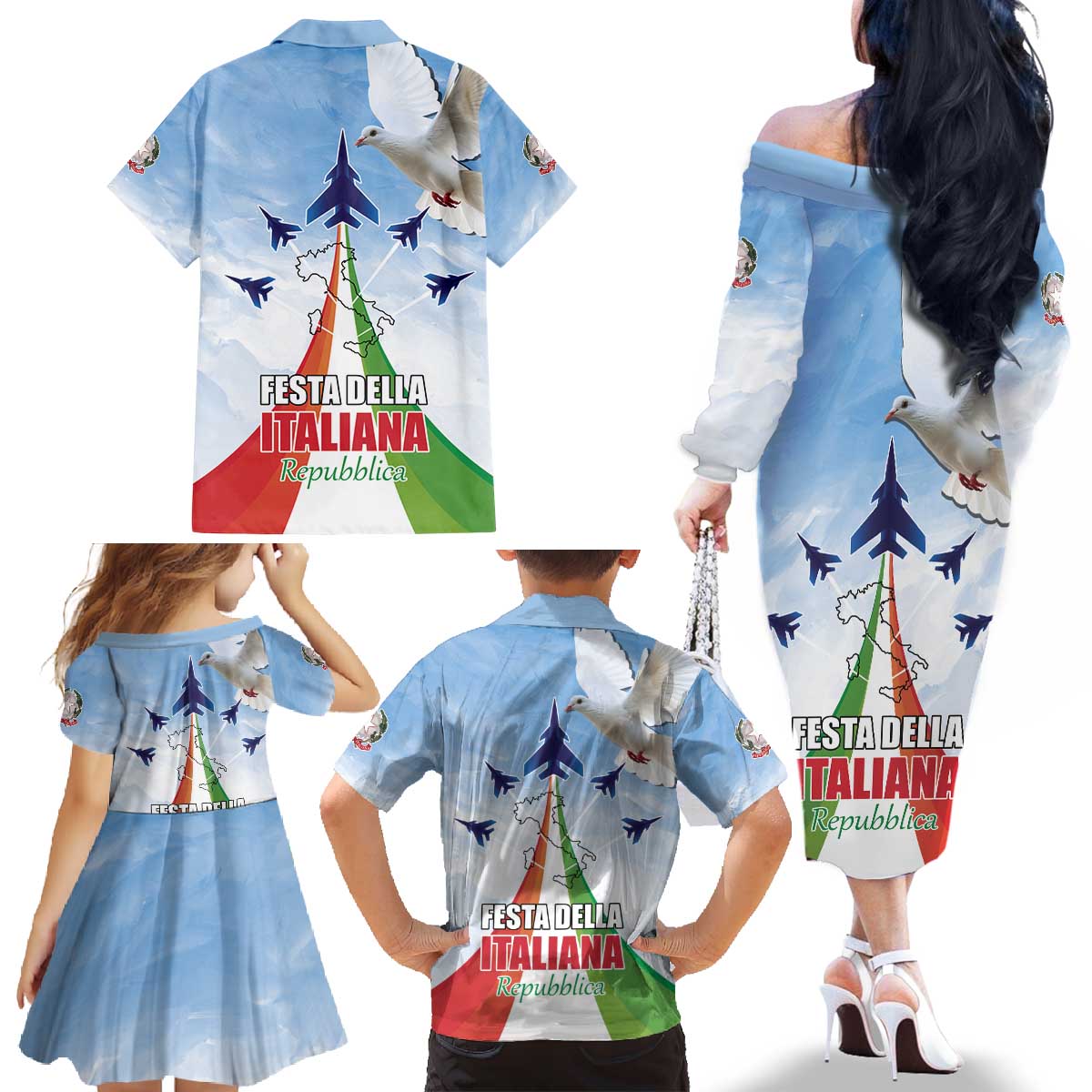 Italy Festa della Repubblica Family Matching Off The Shoulder Long Sleeve Dress and Hawaiian Shirt Frecce Tricolori with Dove