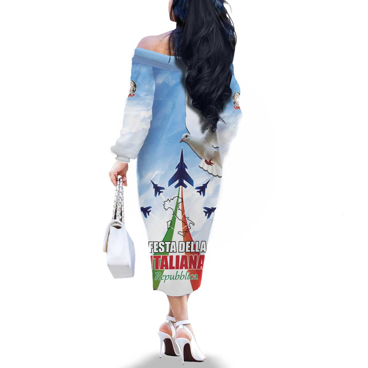 Italy Festa della Repubblica Family Matching Off The Shoulder Long Sleeve Dress and Hawaiian Shirt Frecce Tricolori with Dove