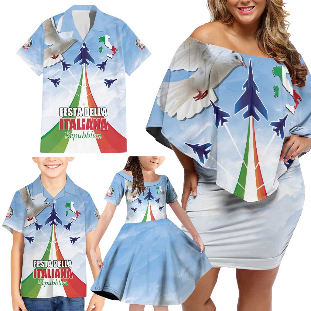 Italy Festa della Repubblica Family Matching Off Shoulder Short Dress and Hawaiian Shirt Frecce Tricolori with Dove