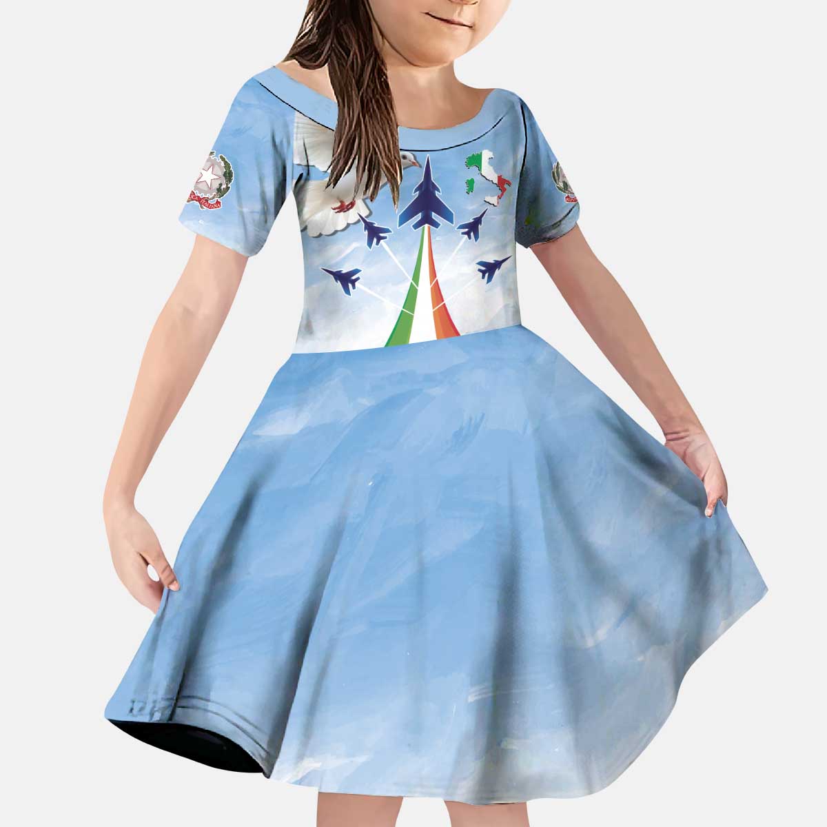 Italy Festa della Repubblica Kid Short Sleeve Dress Frecce Tricolori with Dove