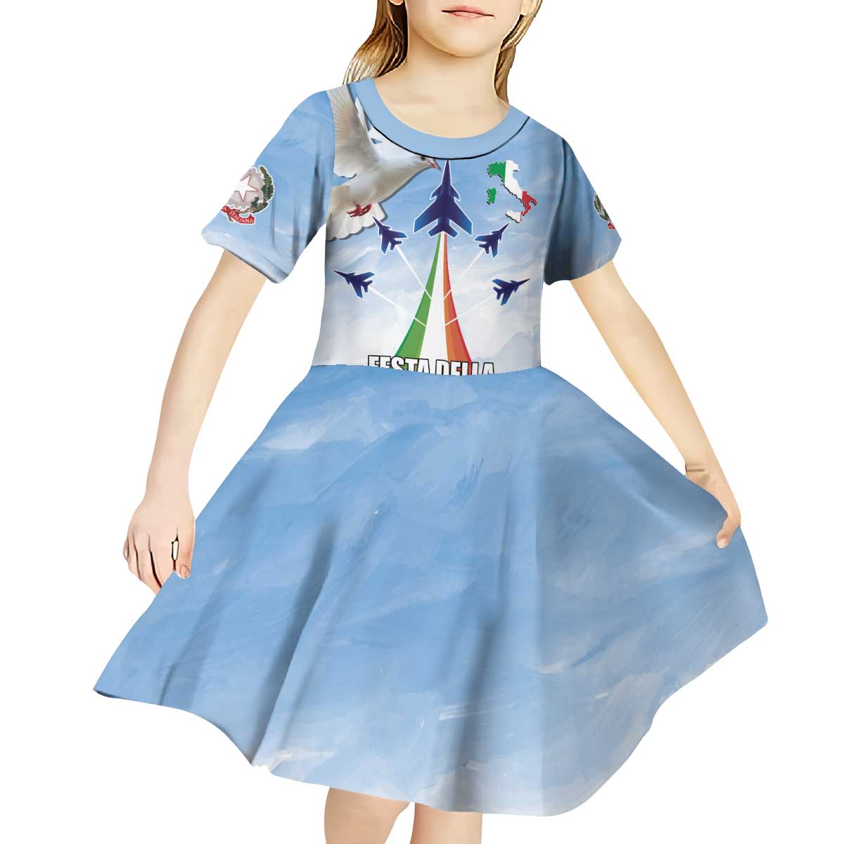 Italy Festa della Repubblica Kid Short Sleeve Dress Frecce Tricolori with Dove