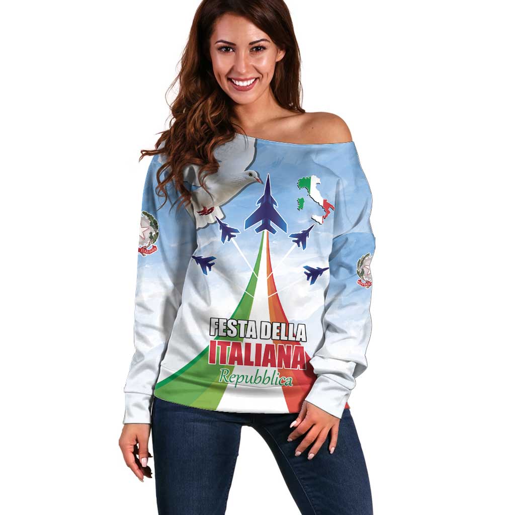 Italy Festa della Repubblica Off Shoulder Sweater Frecce Tricolori with Dove